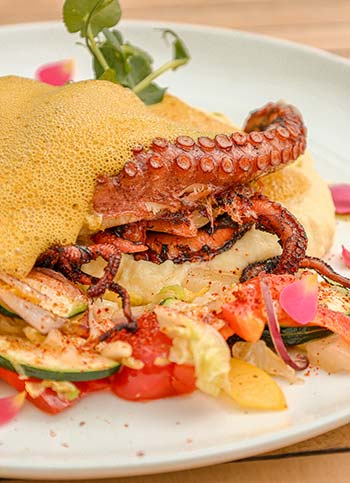 Demi-poulpe grillé en deux cuissons, légumes sautés et mousseline d'agria — restaurant L'Aventure, Carqueiranne